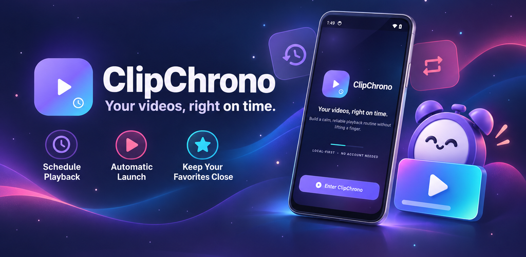 ClipChrono promotional artwork with mobile interface and feature highlights