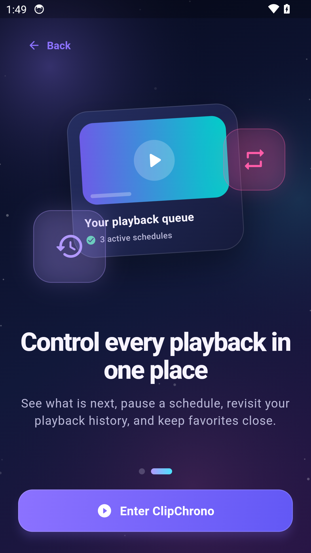 ClipChrono playback queue screen